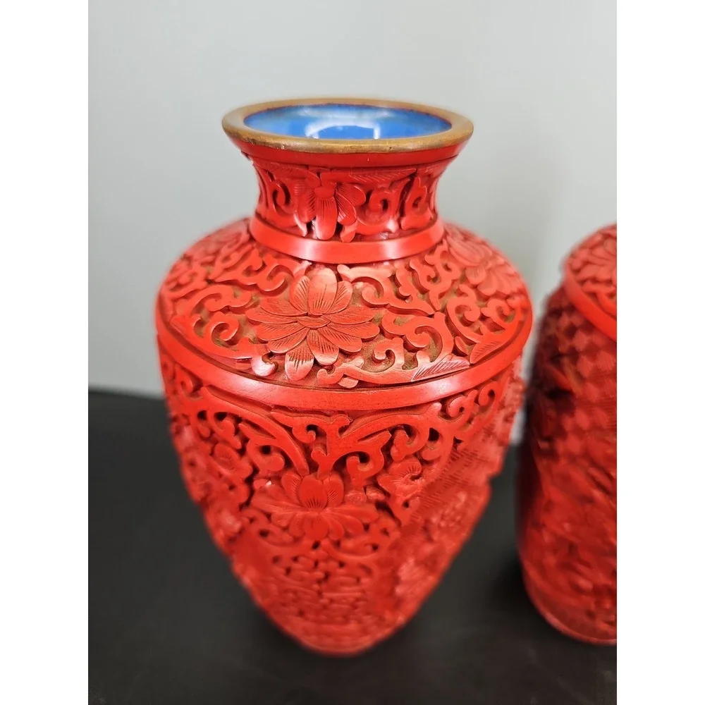 LARGE FINE PAIR OF CHINESE MEI PING CINNABAR BLUE ENAMEL BRASS VASE 30cm TALL